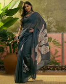 Ready To Wear Dusty Rama Blue Linen Cotton Printed Saree
