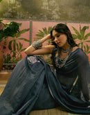 Ready To Wear Dusty Rama Blue Linen Cotton Printed Saree
