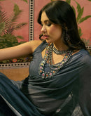 Ready To Wear Dusty Rama Blue Linen Cotton Printed Saree