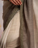 Ready To Wear Khaki Linen Ombre Lace Saree With Pocket