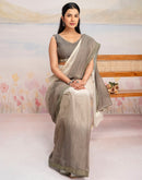 Ready To Wear Khaki Linen Ombre Lace Saree With Pocket
