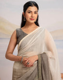 Ready To Wear Khaki Linen Ombre Lace Saree With Pocket