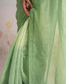 Ready To Wear Dark Pista Green Linen Ombre Lace Saree With Pocket