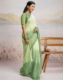 Ready To Wear Dark Pista Green Linen Ombre Lace Saree With Pocket