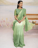 Ready To Wear Dark Pista Green Linen Ombre Lace Saree With Pocket