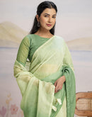 Ready To Wear Dark Pista Green Linen Ombre Lace Saree With Pocket