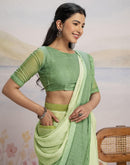 Ready To Wear Dark Pista Green Linen Ombre Lace Saree With Pocket