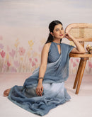 Ready To Wear Dark Grey Linen Ombre Lace Saree With Pocket