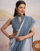 Ready To Wear Dark Grey Linen Ombre Lace Saree With Pocket