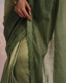 Ready To Wear Dark Green Linen Ombre Lace Saree With Pocket