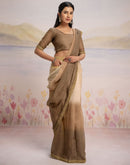 Ready To Wear Brown Linen Ombre Lace Saree With Pocket