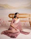 Ready To Wear Dusty Rose Pink Linen Ombre Lace Saree With Pocket