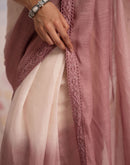 Ready To Wear Dusty Rose Pink Linen Ombre Lace Saree With Pocket