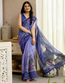 Purple Cotton Embroidery Printed Saree