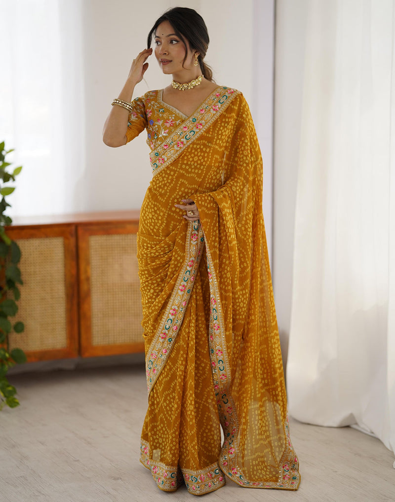 Yellow Georgette Printed Bandhani Saree