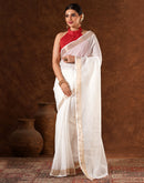 White Linen Zari work Plain Saree