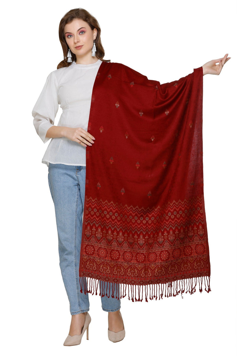 KRITI Jacquard Design  Woollen Maroon Color Stole For Girl