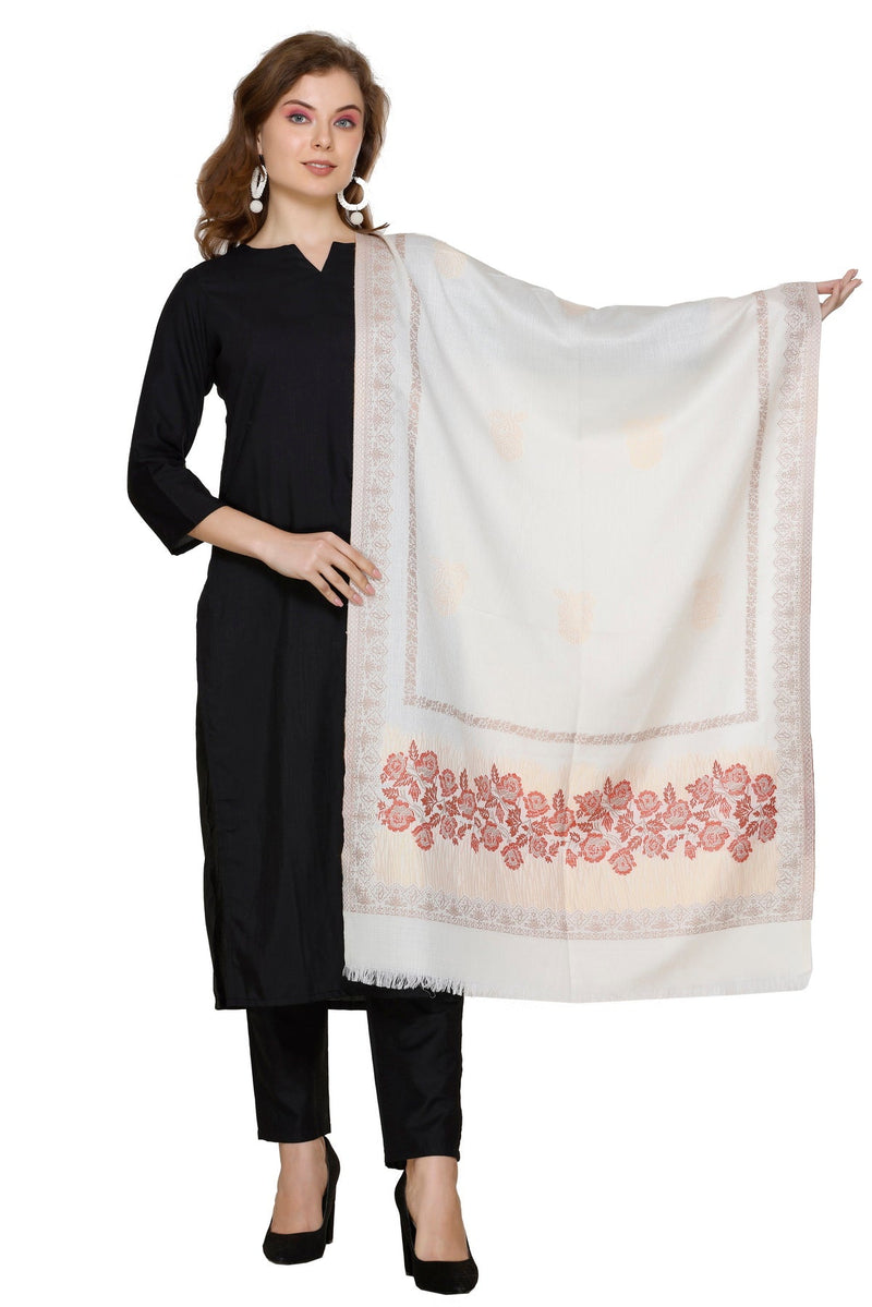 KRITI Floral Border Woollen White Color Stole For Girl