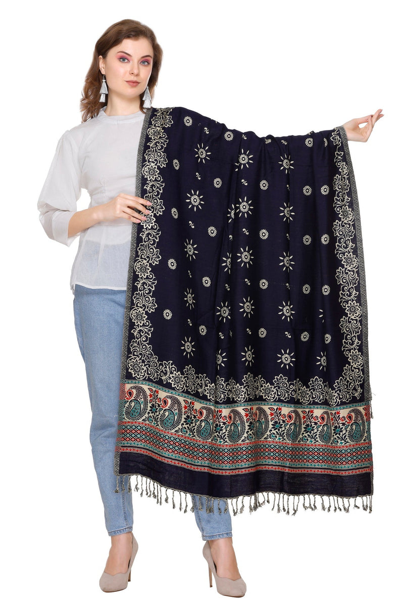 KRITI Floral Border Woollen Black Color Shawl For Women