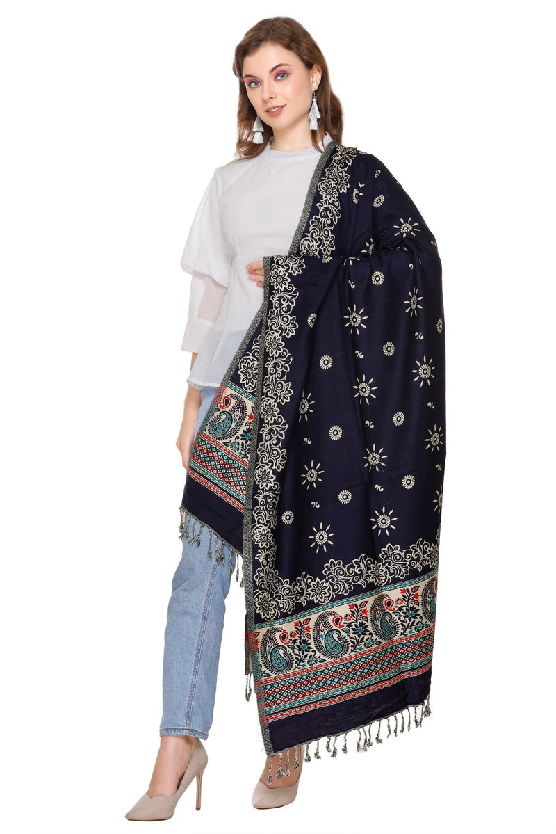 KRITI Floral Border Woollen Black Color Shawl For Women