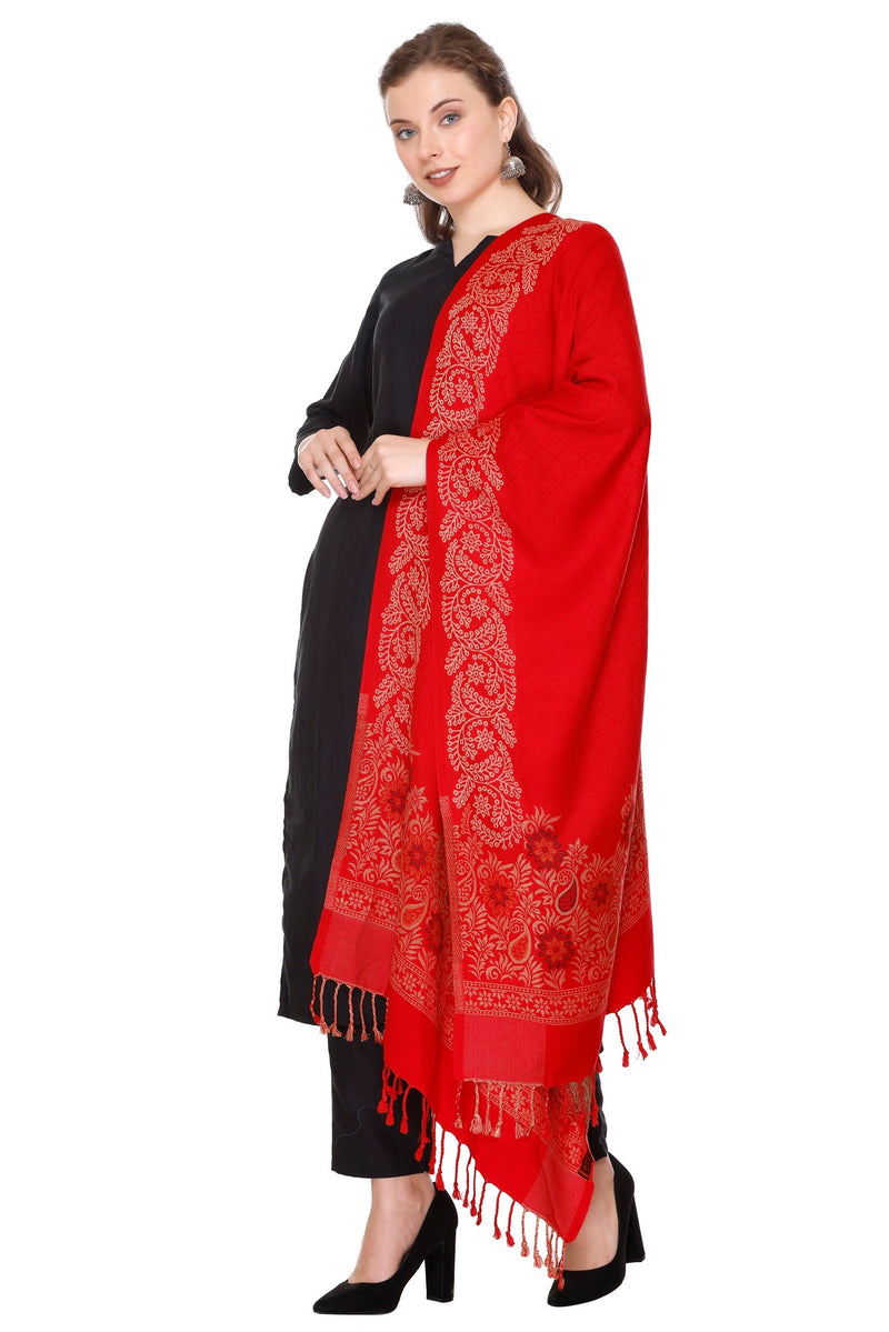 KRITI Floral Border Woollen Red Color Stole For Girl