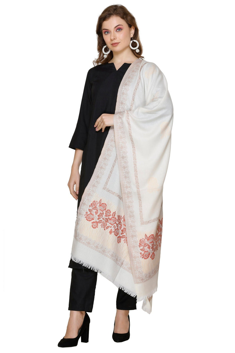 KRITI Floral Border Woollen White Color Stole For Girl