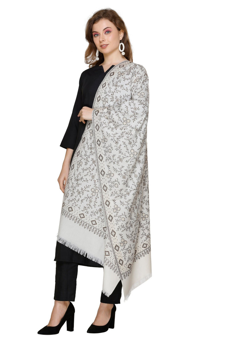 KRITI Floral Pattern Woollen White Color Stole For Girl