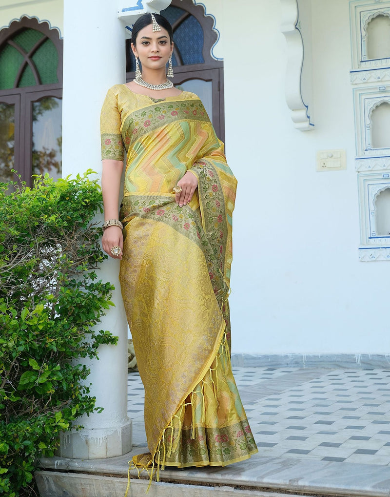 Yellow Woven Banarasi Organza Saree
