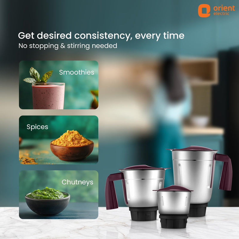 Orient Electric 750W mixer grinder | Super power 750, 3 jar with 3 SS jars | Longer life balanced coil motor | ABS body | Uniform grinding | 5 years motor warranty