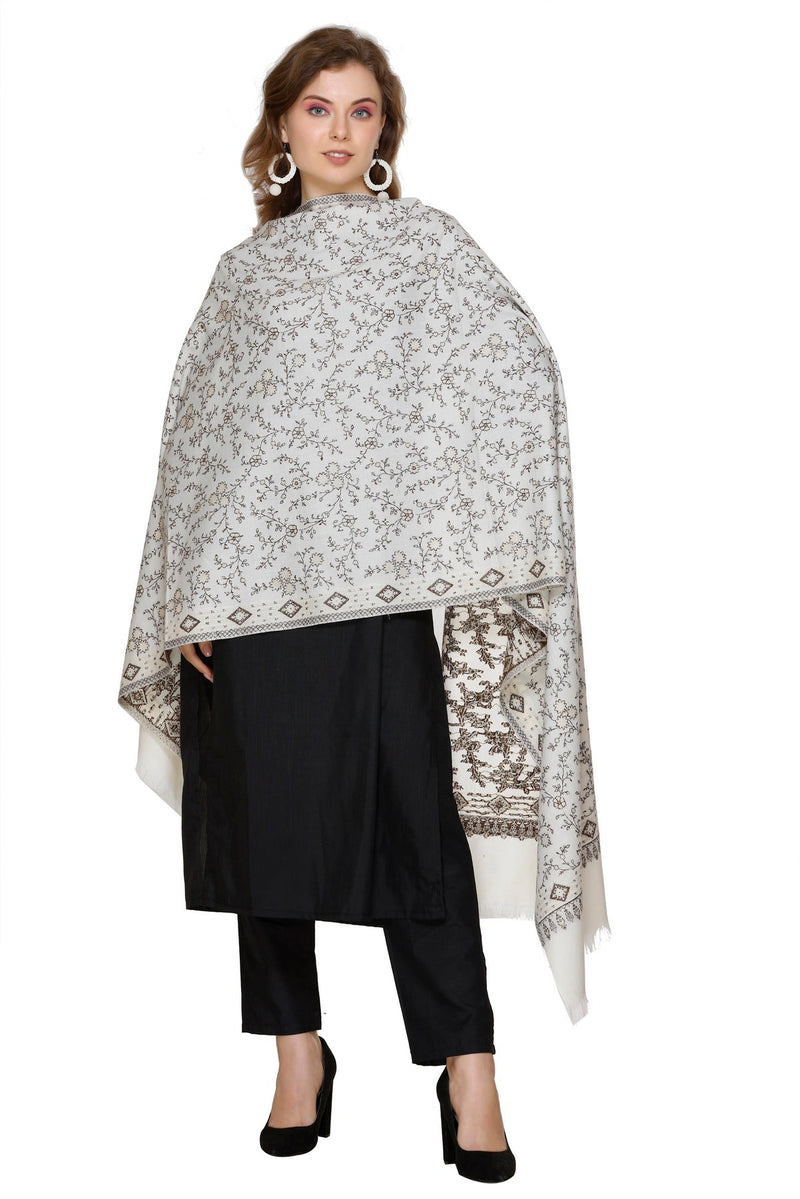 KRITI Floral Pattern Woollen White Color Stole For Girl
