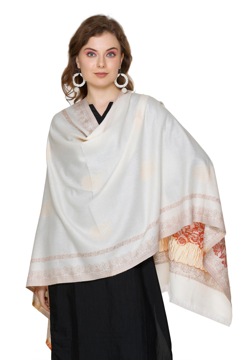 KRITI Floral Border Woollen White Color Stole For Girl