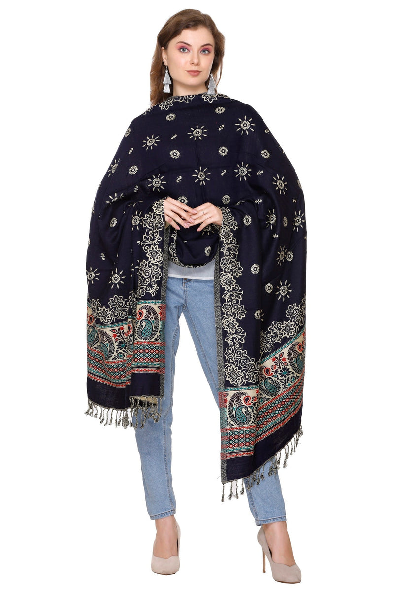 KRITI Floral Border Woollen Black Color Shawl For Women