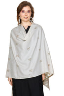 KRITI Floral Border Woollen White Color Stole For Girl