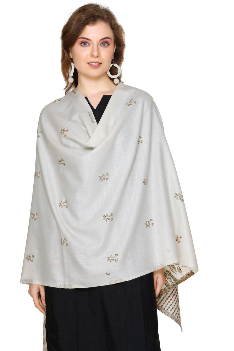 KRITI Floral Border Woollen White Color Stole For Girl