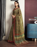 Olive Green Printed Cotton Blend Saree