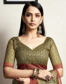 Olive Green Printed Cotton Blend Saree