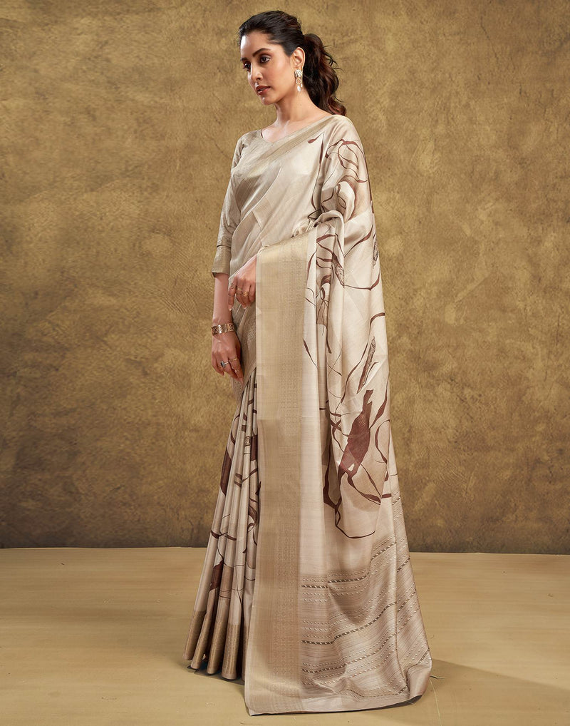 Beige Printed Silk Saree