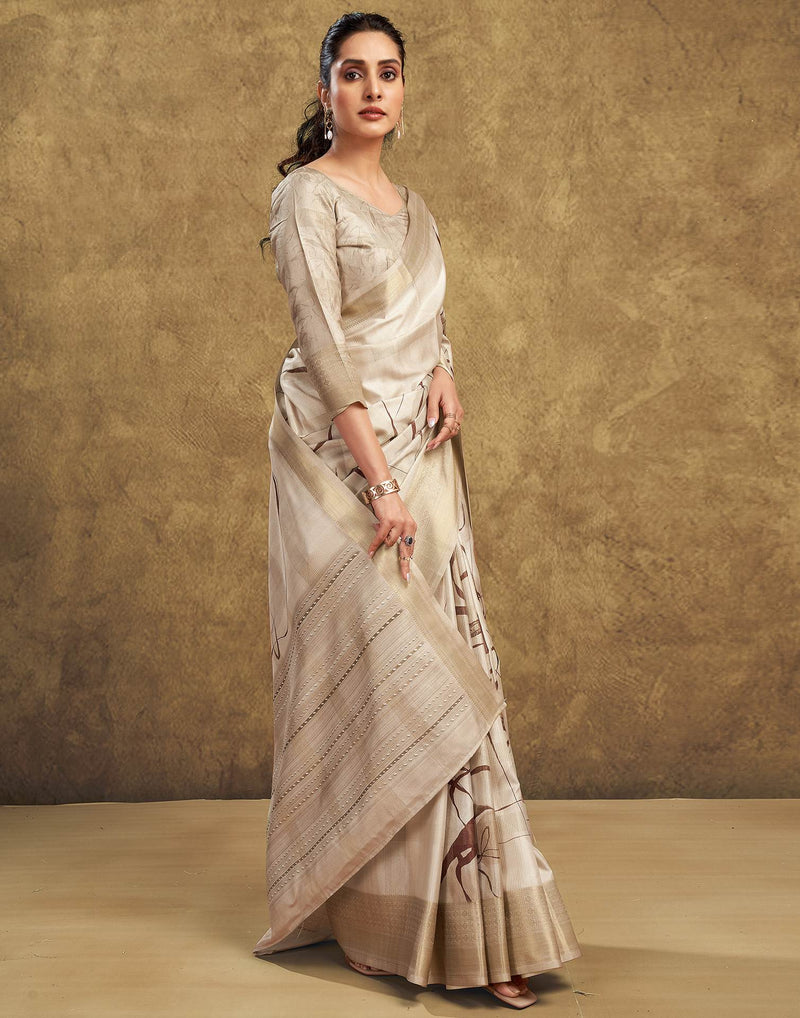Beige Printed Silk Saree