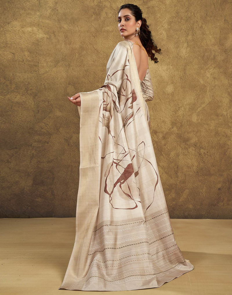 Beige Printed Silk Saree