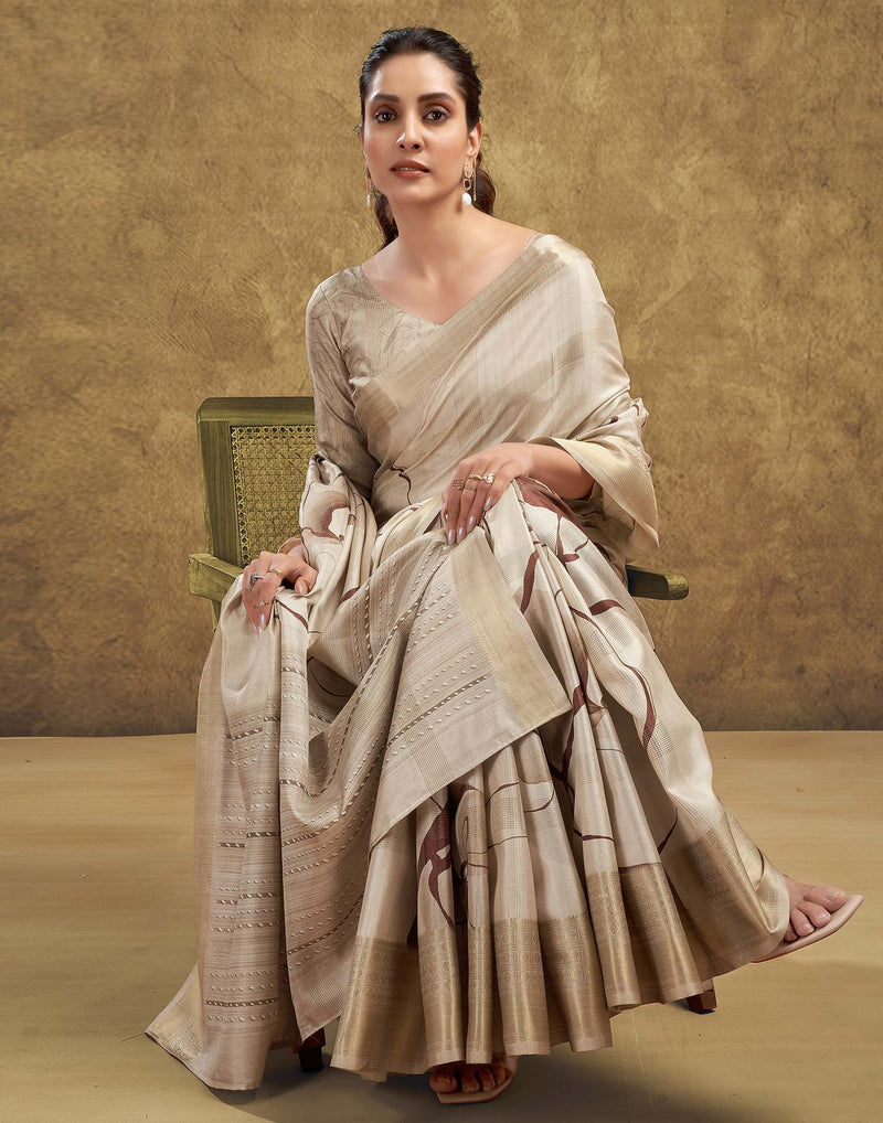 Beige Printed Silk Saree