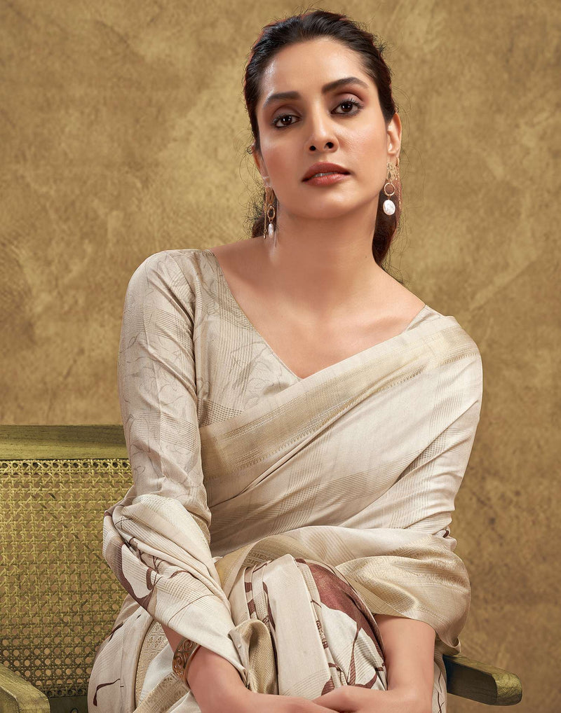 Beige Printed Silk Saree