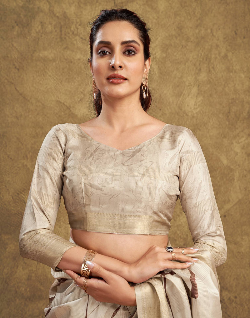 Beige Printed Silk Saree