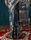 Dark Blue Grey Printed Silk Saree