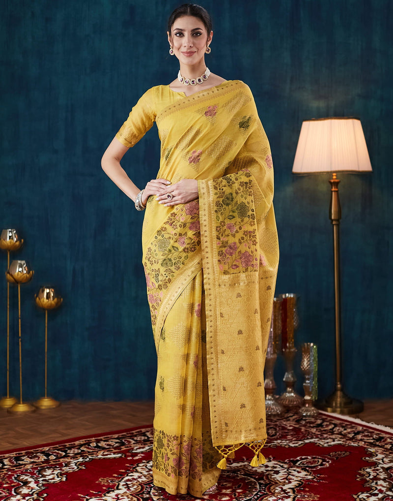 Yellow Chanderi Woven Saree