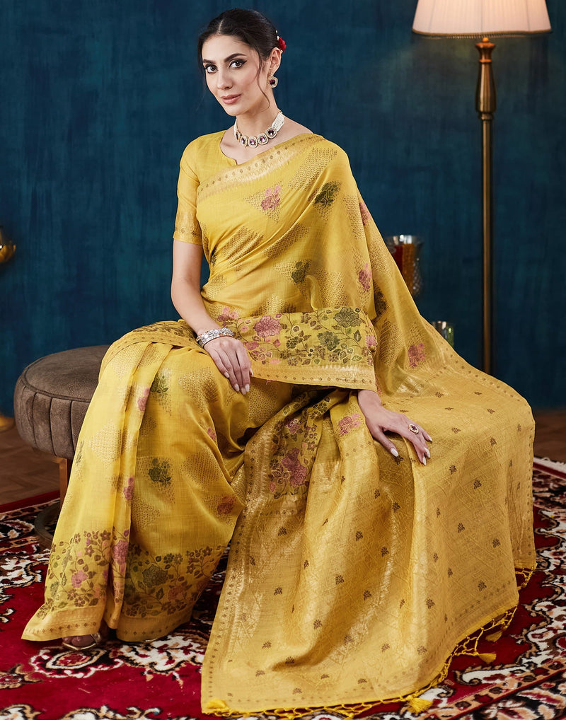 Yellow Chanderi Woven Saree