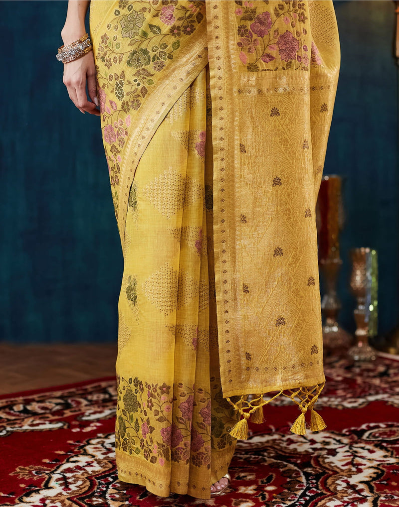 Yellow Chanderi Woven Saree
