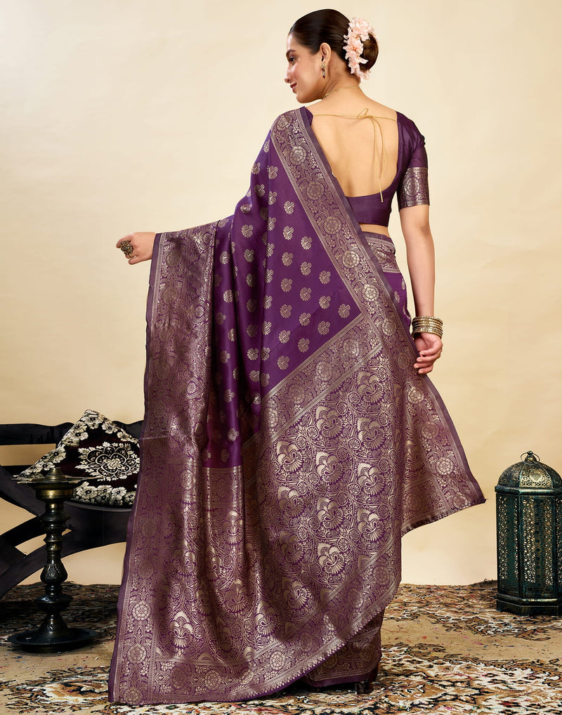 Wine Silk Blend Woven Banarasi Saree