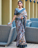 Grey Silk Blend Printed Saree