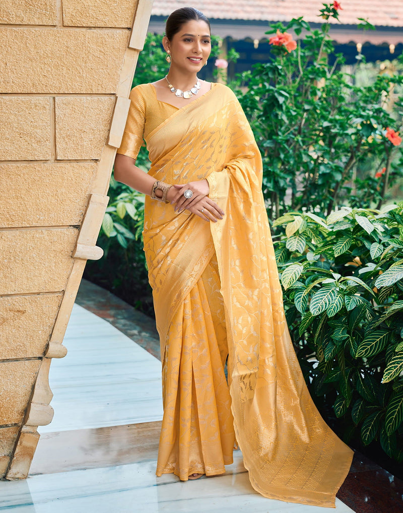 Yellow Silk Blend Woven Banarasi Saree