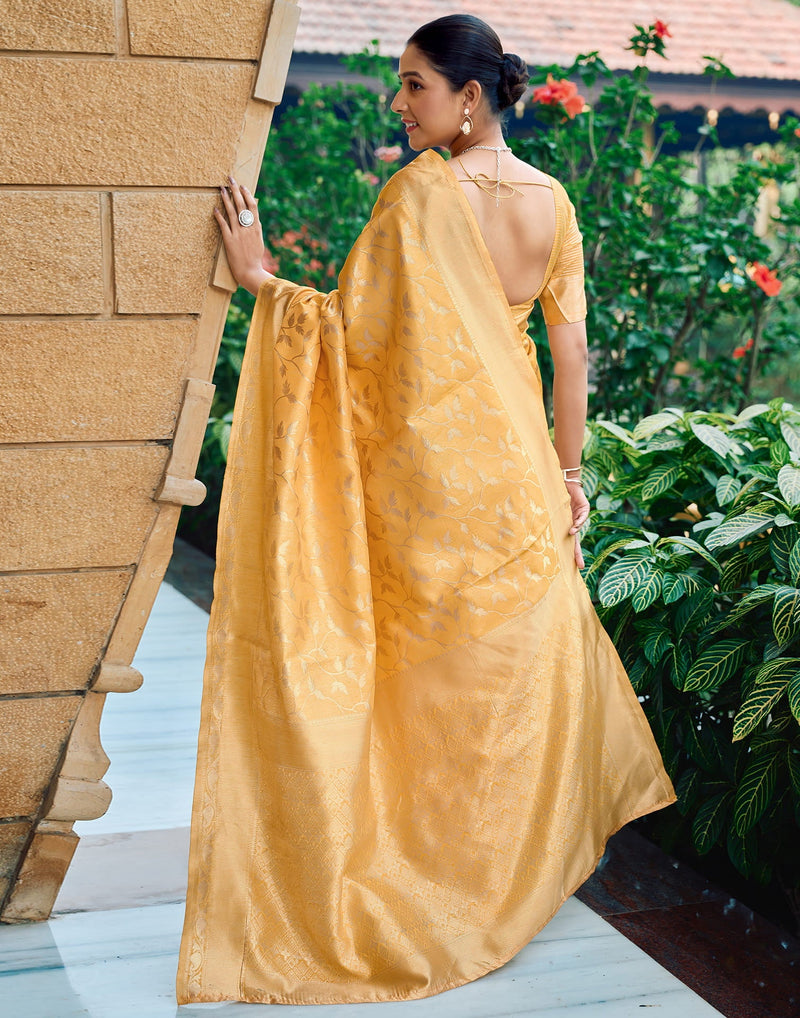 Yellow Silk Blend Woven Banarasi Saree